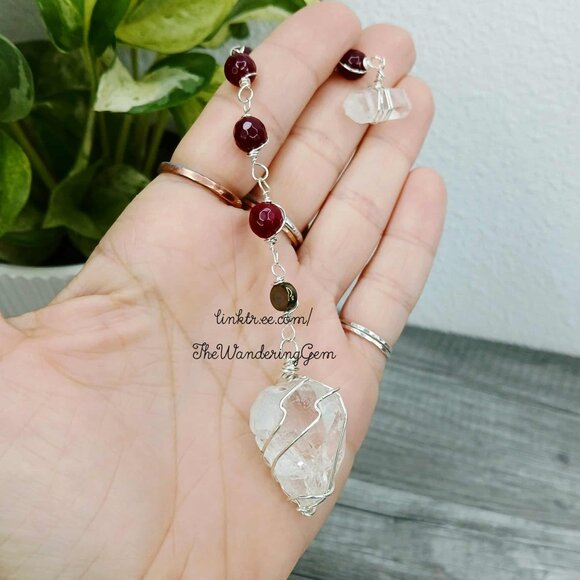 Large Clear Quartz Dowsing Pendulum, Divination Tools, Garnet 7.25" - Picture 3 of 5